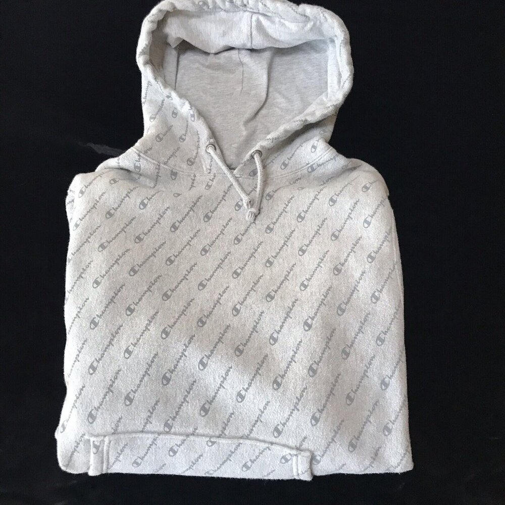 Champion Reverse Weave Hoodie Sweatshirt Large Gray All over Print Grunge Y2K